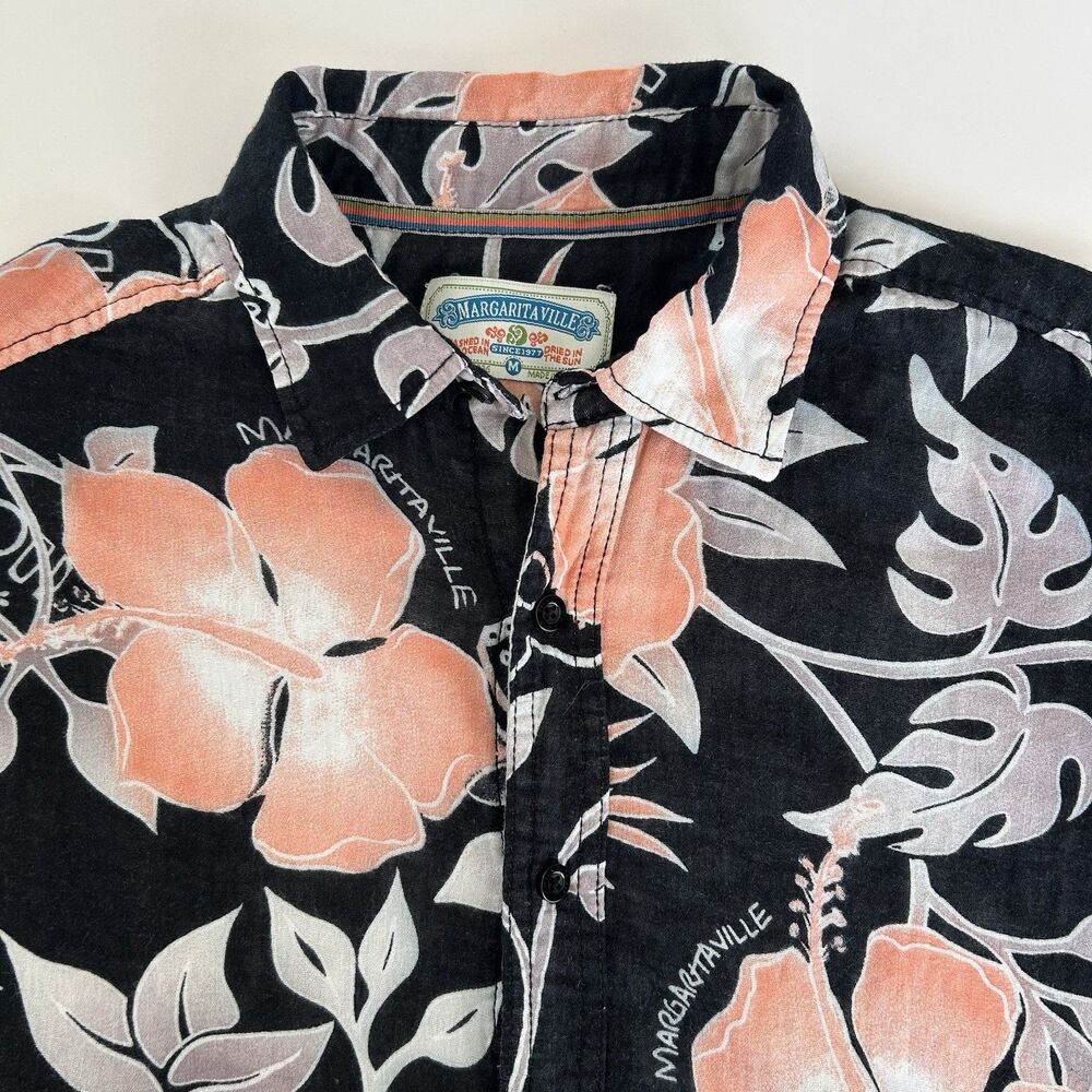 Margaritaville Hawaiian Shirt Mens Sz M Black Floral Jimmy Buffet Cotton Gauze